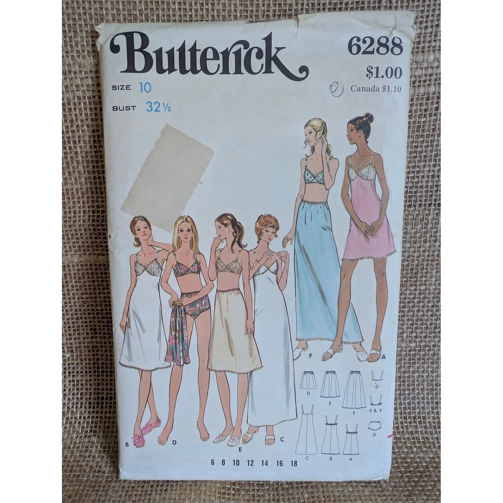 Vintage Butterick 6288 Lingerie Sewing Pattern Bra Slip Panties Size 10 70s